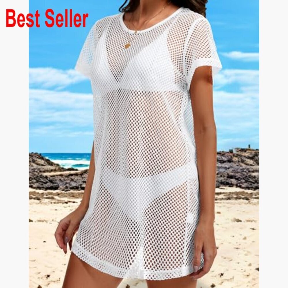 Polyester Hollow Out Beach Coverup Dress Short Sleeve Swimwear - Picture 2 of 6